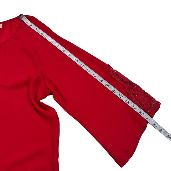 Tacera Womens SZ 1X Red Chiffon Blouse -Lace 3/4 Sleeve-Bow Tie -Round Neck - Picture 7 of 14